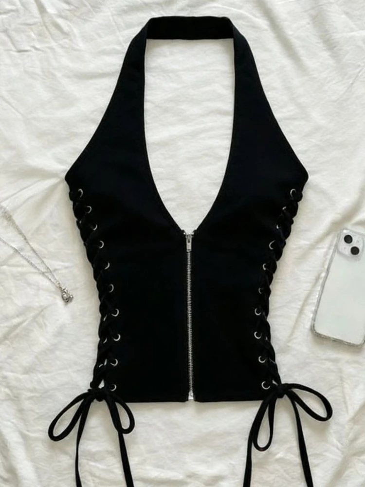 Subculture Aesthetic Darkly Slim Slash Neck Vest Women Hot Girl Sexy Y2k Lace Up Skinny Black Design Vintage Gothic Camisole
