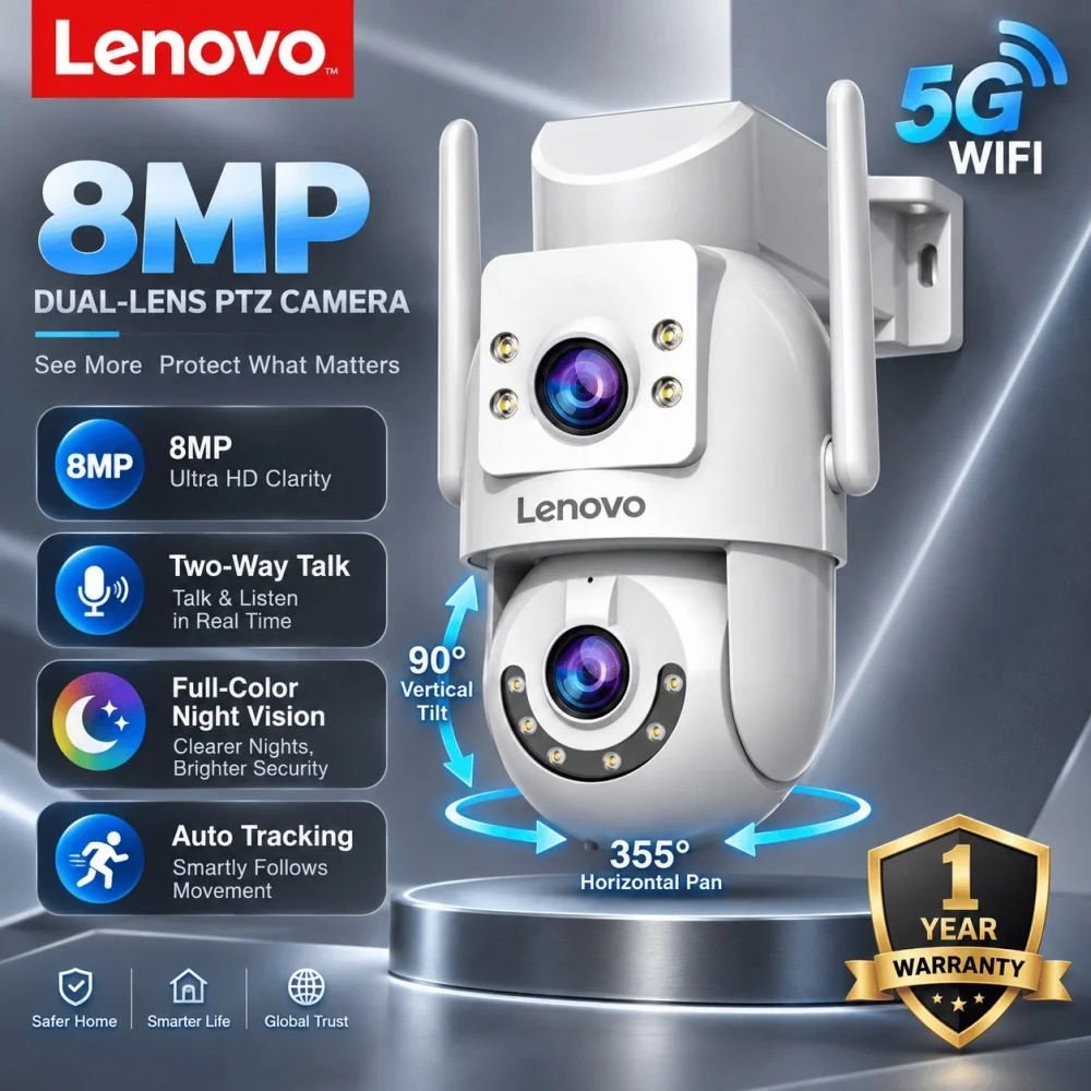 Lenovo 8MP HD Outdoor Security Camera with Dual Lens Dual Screen AI Tracking PTZ Color Night Vision Surveillance Protection