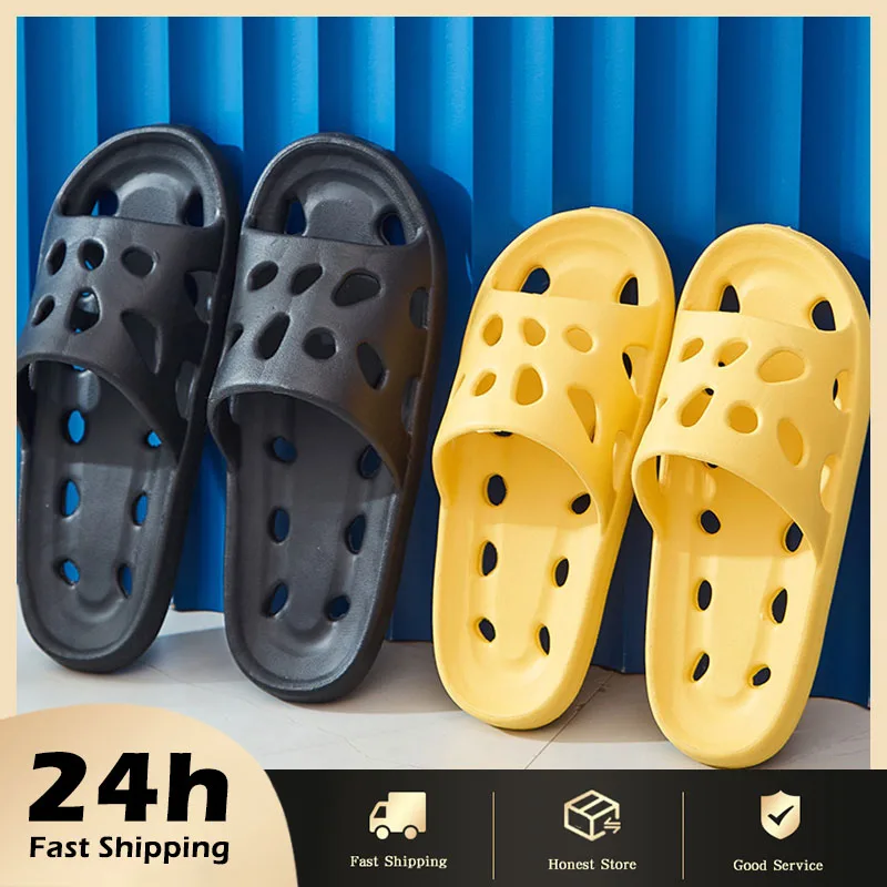 New Fashion Women Bathroom House Cheese Slippers Light Weight Water Leaky Beach Flip Flop Non-Slip Pool Swimming Aqua Shoes