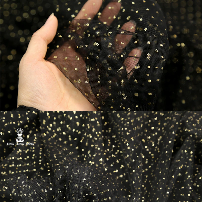 Black Hot Gold Dot Mesh Fabric Transparent Lace Gold Sprinkling Dress Sewing Accessories Handmade DIY Clothing Designer Fabric