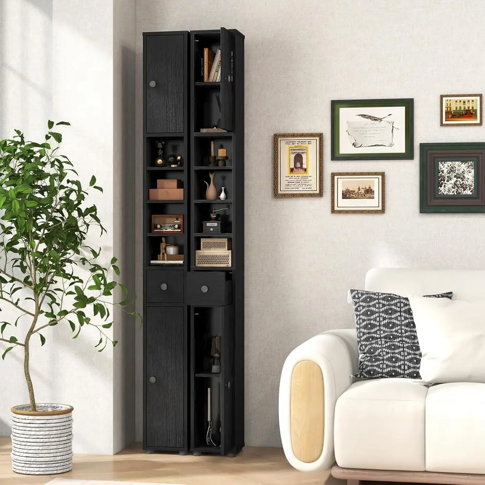 71” Tall Slim Bathroom Storage Cabinet (Black) | Narrow loor Cabinet with 2 Do, 5 Adjustable Shelves, 1 Der, Anti-Tipping Device
