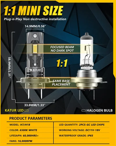 Imagen 2 del producto Katur 2x bombilla LED Canbus H7 22000LM 120W sin errores 1:1 Mini tamaño lámpara de cabeza inalámbrica superbrillante 6500K blanco H7 faro