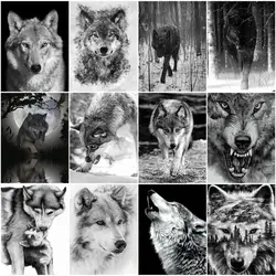 GATYZTORY Oil Painting By Numbers Black White Wolf Drawing On Canvas Painting By Number Animal Painting Home Decor
