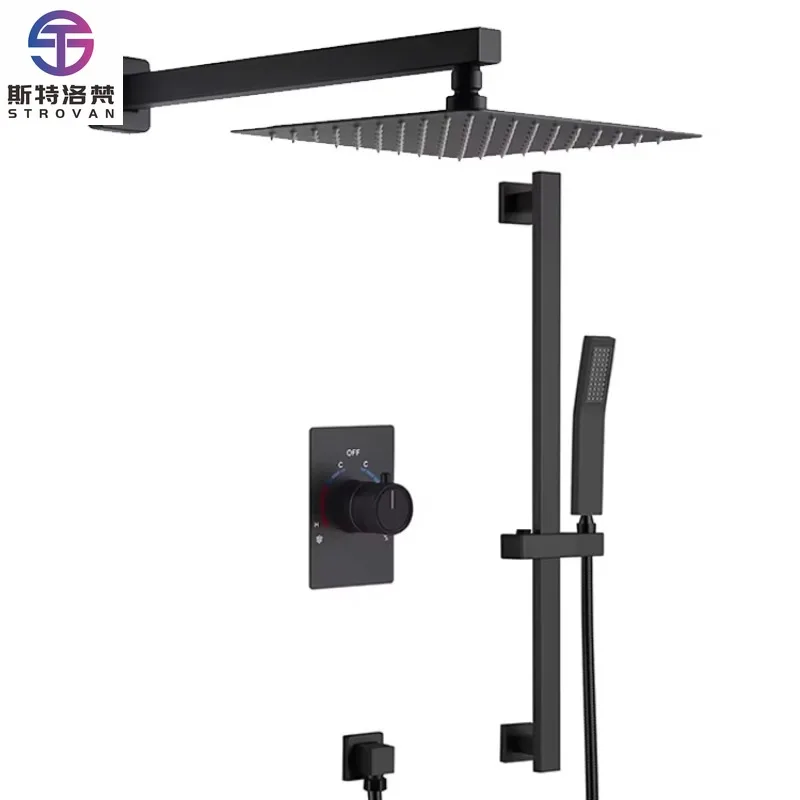 

Wall Mounted Waterfall Rain Hidden Black Brass Bath Shower Faucet Mixer Set