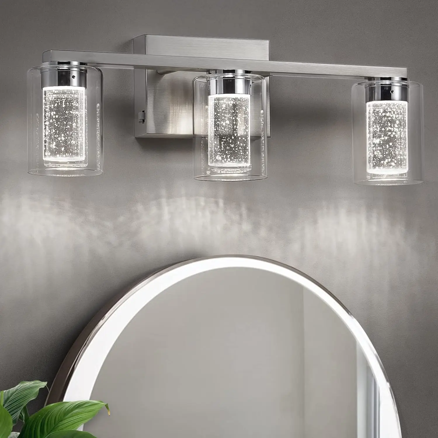 Bathroom Light Fixtures, 3 Light Brushed Nickel Bathroom Vanity Light Over Mirror, 3 Color Led Vanity Lights With Crystal