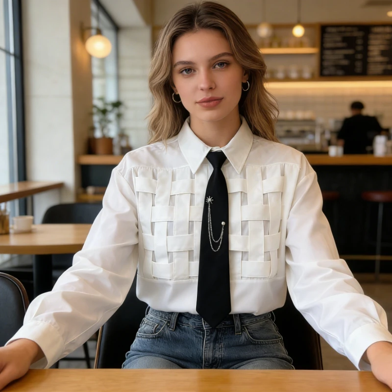 

E-BAIHUI Ladies Front Openning Shirt Checkered Long Sleeved Casual Button Down Shirts White New Tie Women's Commuting Blouse