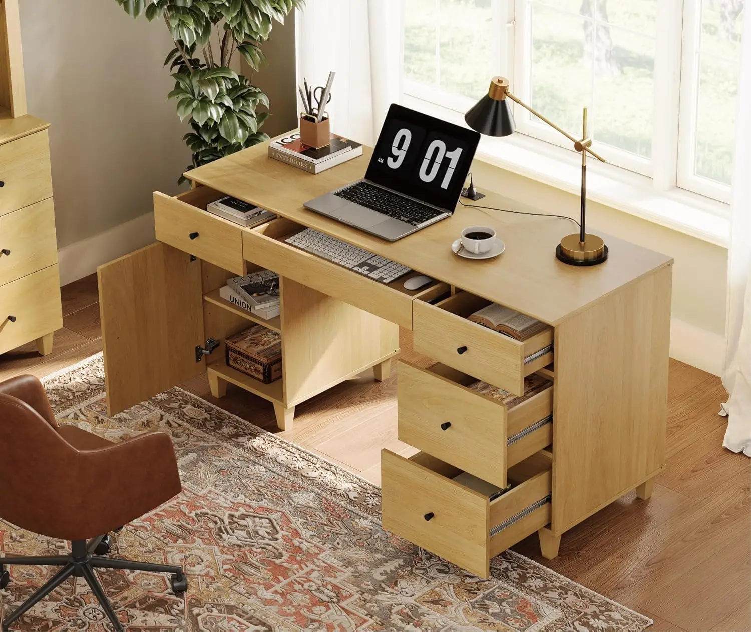 

Wood Desk with Drawers & Storage Cabinet, 58 Inch Modern Wooden Executive Desk with Charging Station, Home Office, Customized