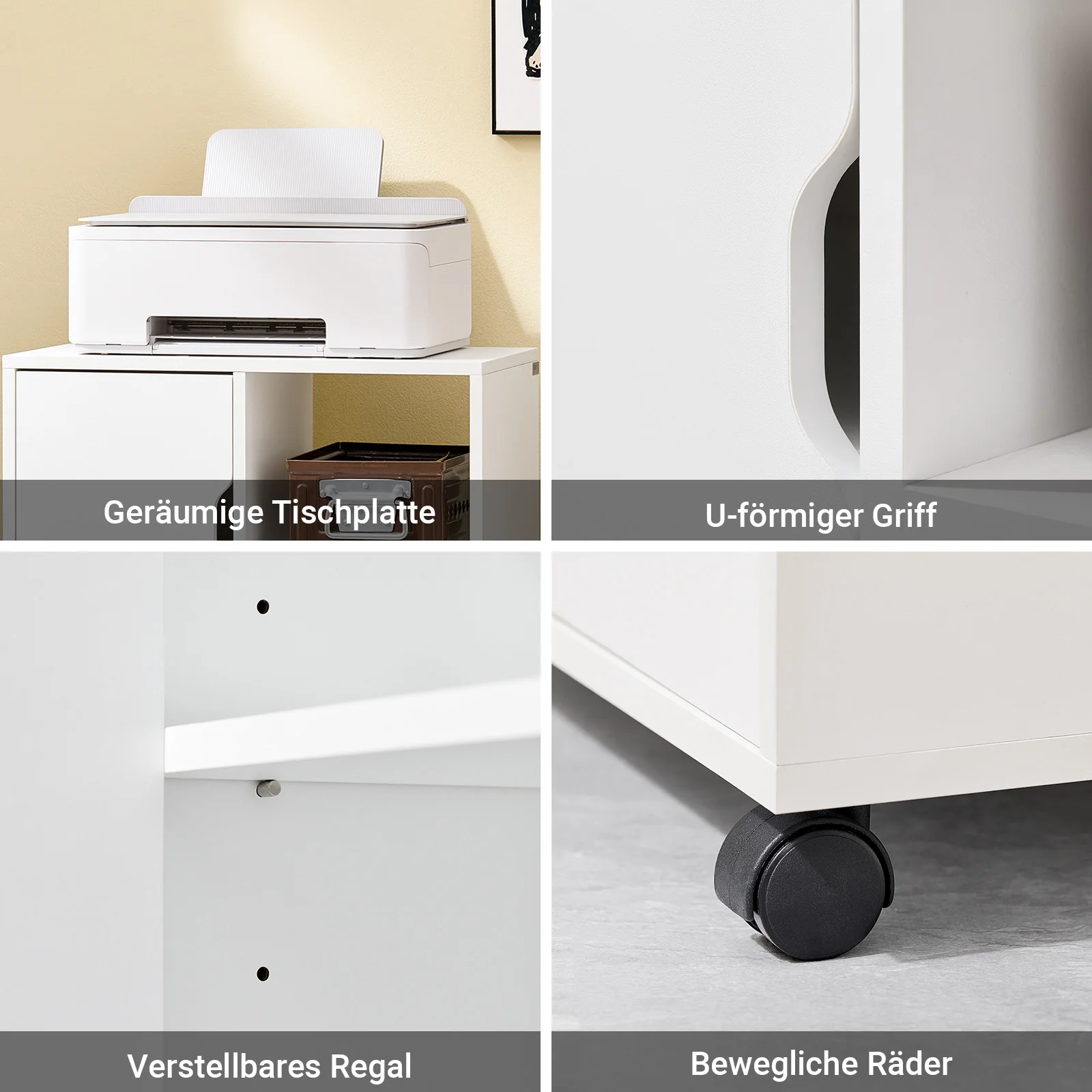 SoBuy FBT105-W Druckertisch mit 2 Schubladen und 1 Tür Aktenschrank Rollcontainer Bürowagen Beistellwagen Bürocontainer weiß – Detail 8