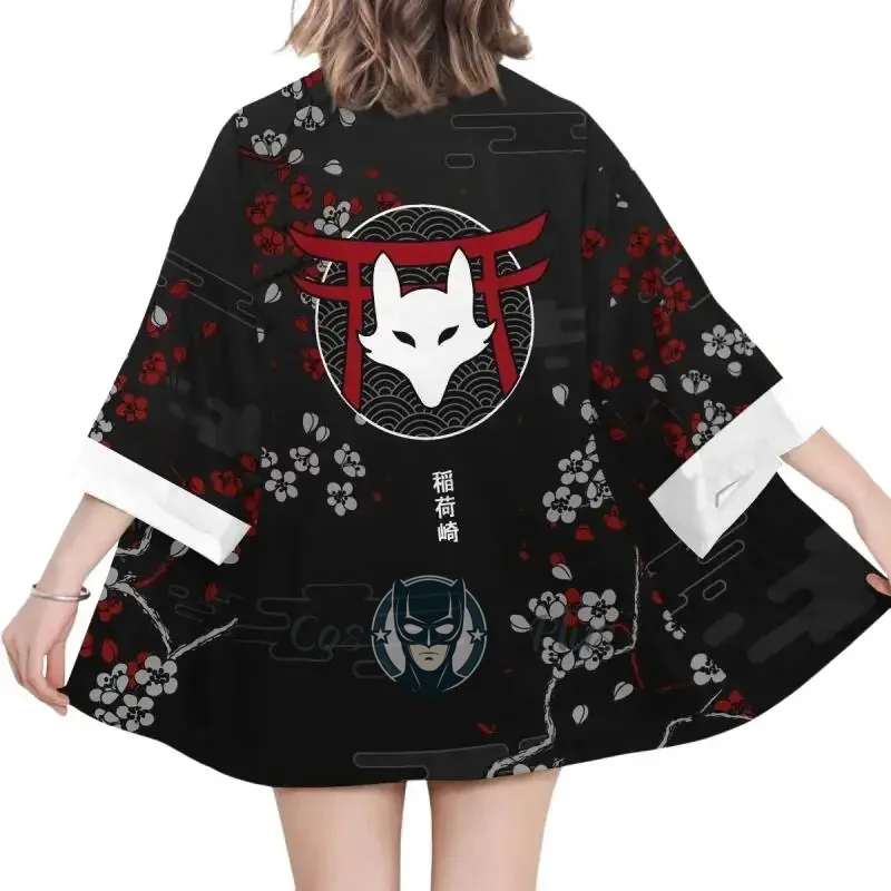

Женское кимоно с принтом лисы Inari, костюм для косплея, мужская легкая японская уличная одежда с рукавами 3/4, открытый плащ спереди, аниме-топ Токио