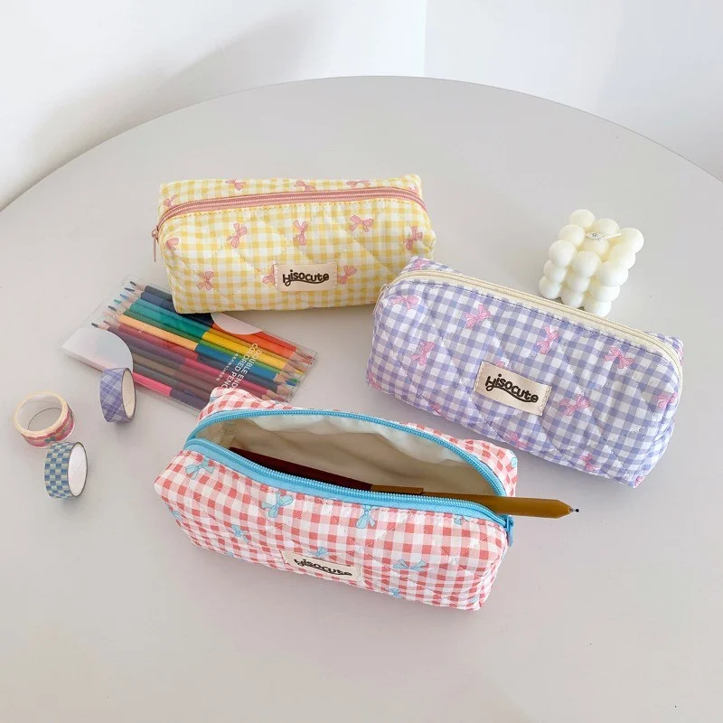 Creative Cream Color Checkered Pencil Case Cute Bow Large Capacity Pencil Box Portable Student Stationery Storage Bag