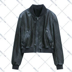 jacket coat top women's style Women's  new vintage imitation leather bomber jacket coat top women's style