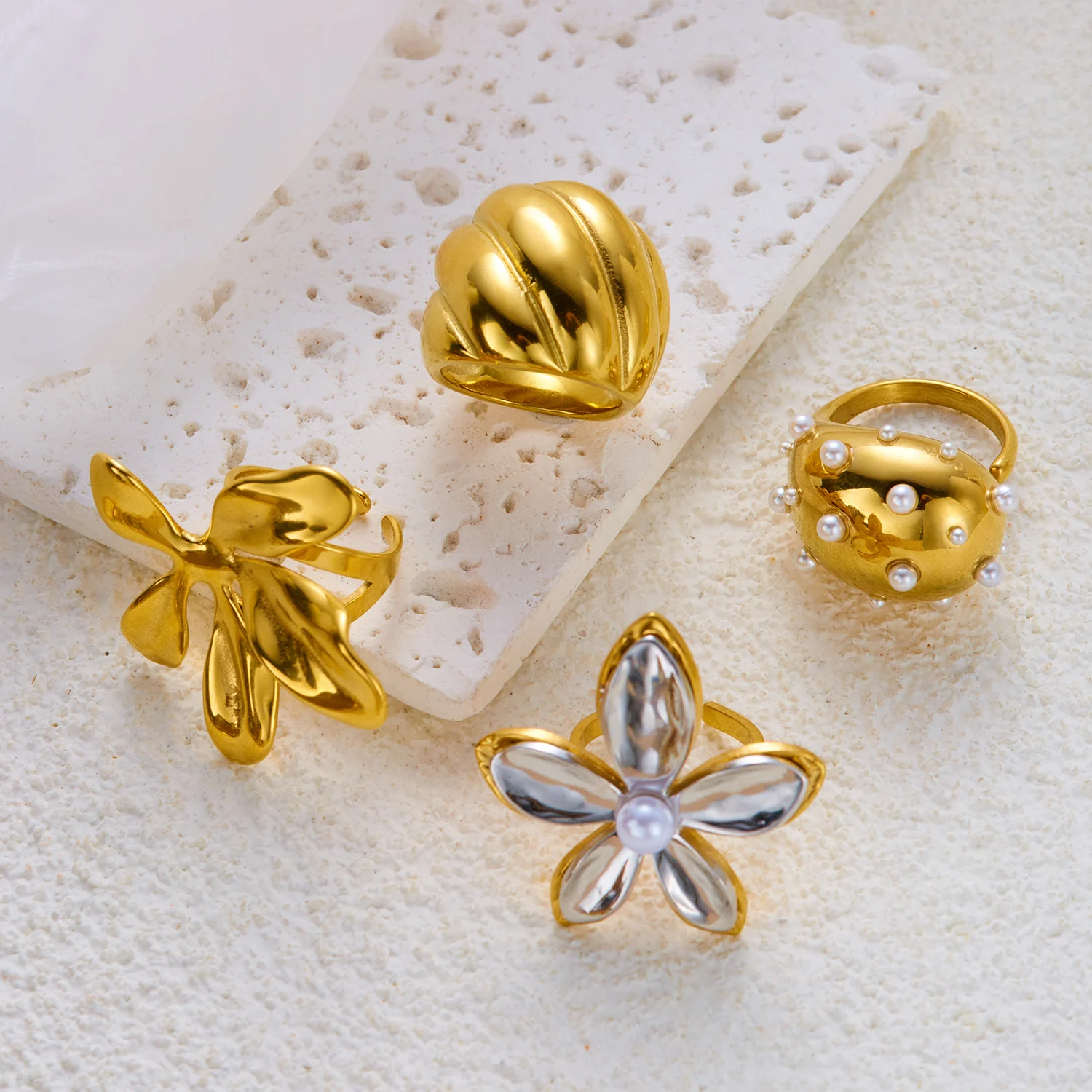 Einzigartige Edelstahl-Perlen-Blumenringe für Damen und Herren, Punk Hip-Hop Geometrische Unregelmäßige Fingerringe, Anlaufbeständiger Schmuck – Detail 6