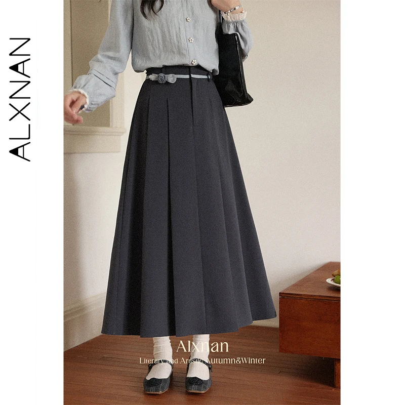 

ALXNAN серая плиссированная юбка-миди, женские офисные длинные юбки трапециевидной формы, осень 202, элегантная повседневная женская одежда свободного покроя L56832