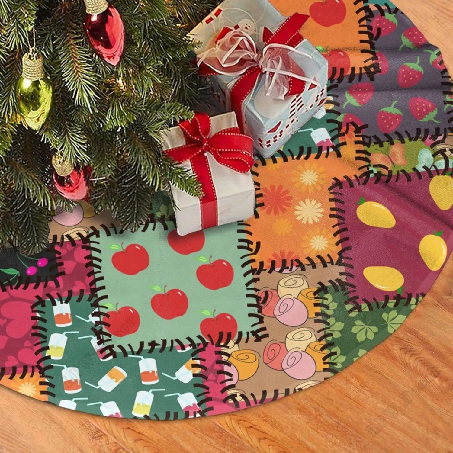 Patchwork Fruit Christmas Tree Skirt for Xmas Halloween New Year Holiday Party Home Tree Mat Decor Ornaments Decoration