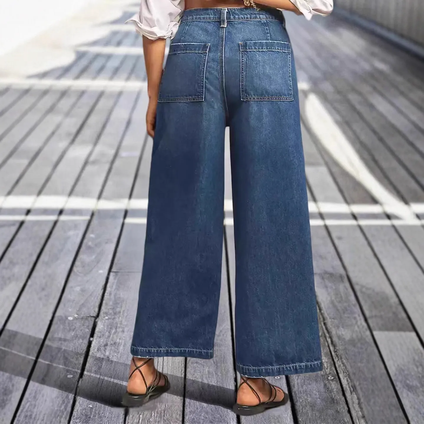 

Women Baggy Jeans Cotton Raw Hem Mid Waist Denim Pants Wide Leg Loose Fit Button Front Denim Jeans Medium Wash Classic Blue