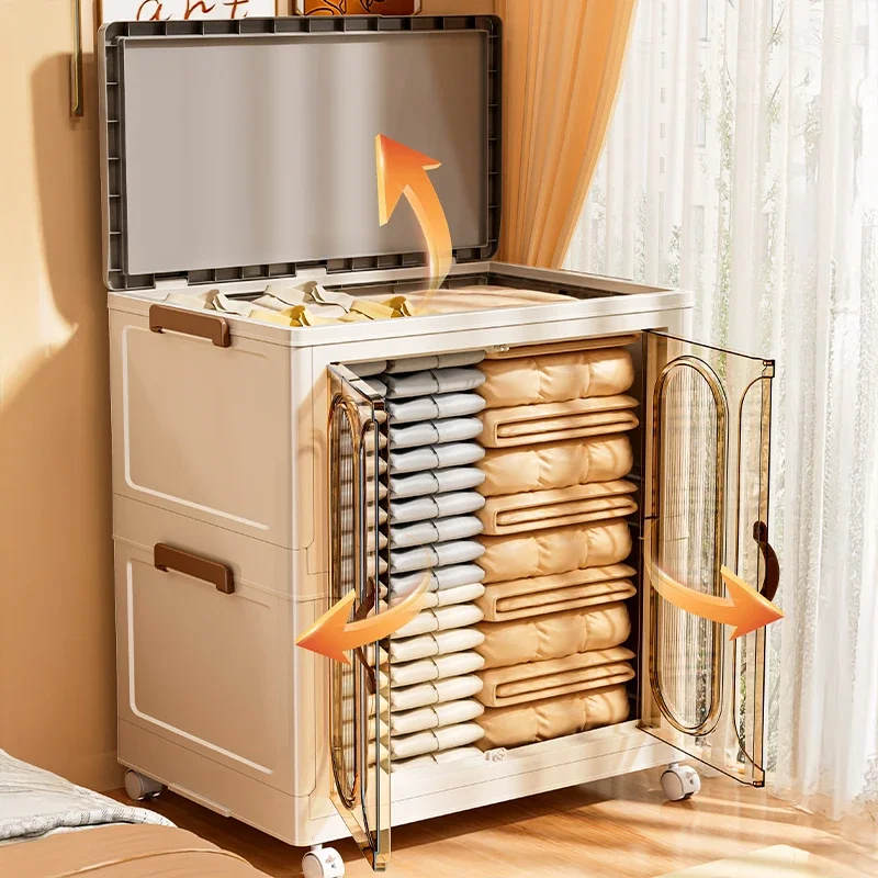 Folding Clothes Storage Box Easy to Move Garment Storage Chest Double-door Plastic Storage Box with Wheels