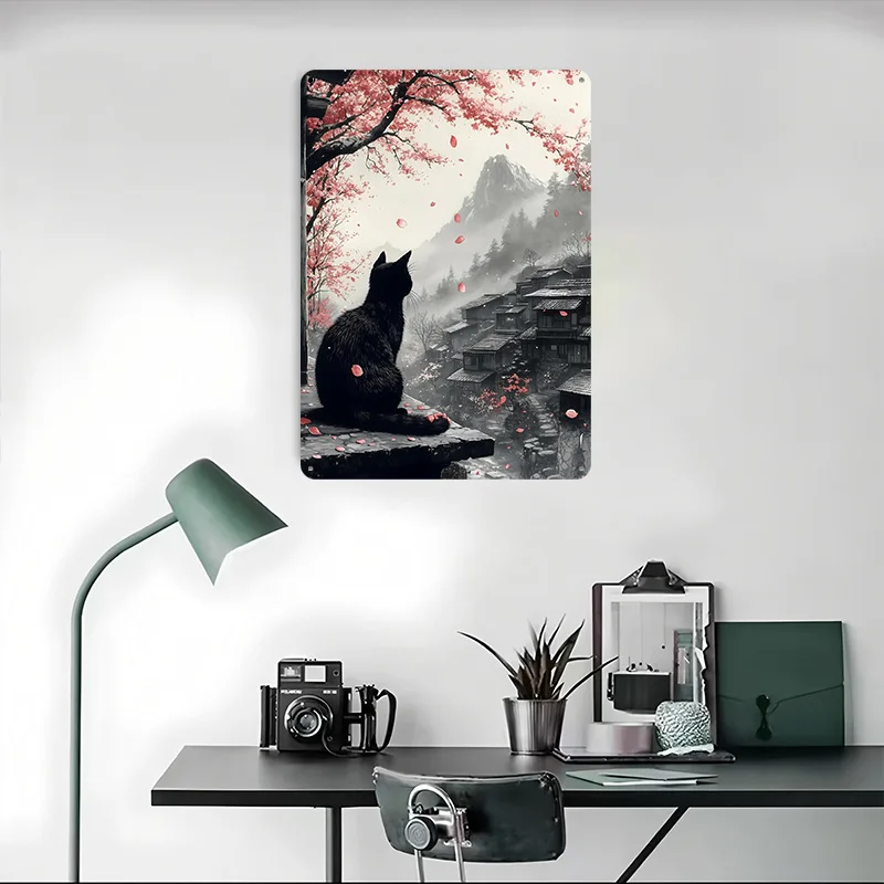 القطة السوداء في القرية اليابانية ملصق معدني علامات معدنية جدار الفن مكتب ديكور مخصص تين تسجيل للديكور المنزل عصا ديكو ريترو #4