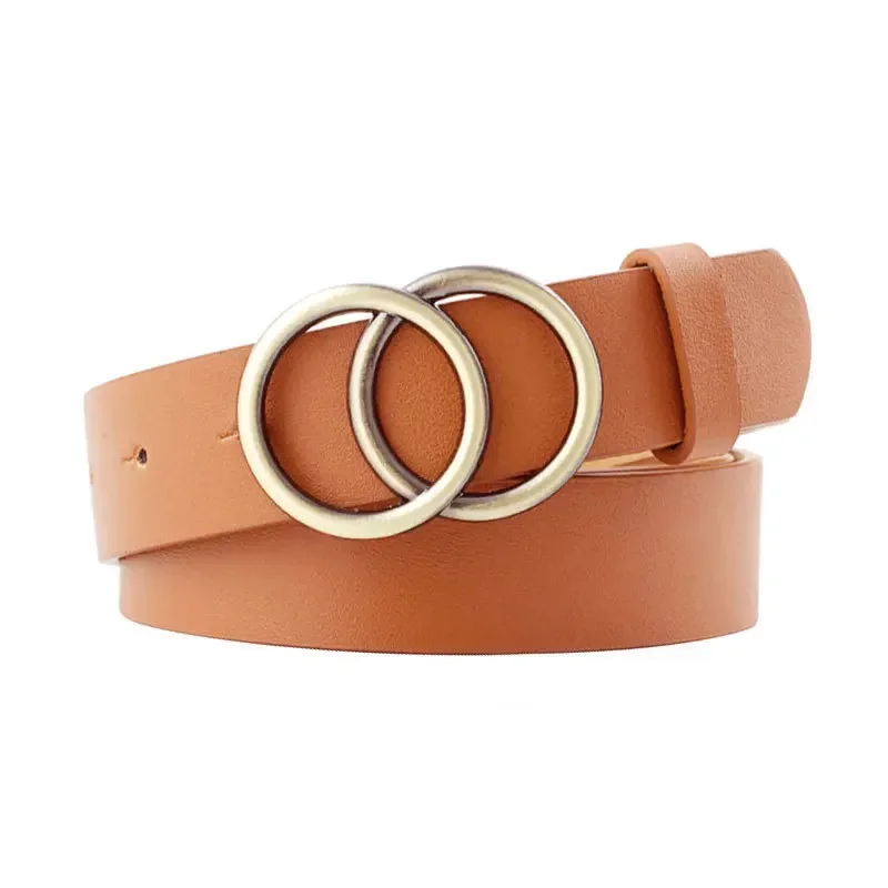 2.8 X105cm Women Fashion Double Ring Circle Metal Buckle Belt Wild Waistband Ladies Leather Straps Belts for Leisure Dress Jeans