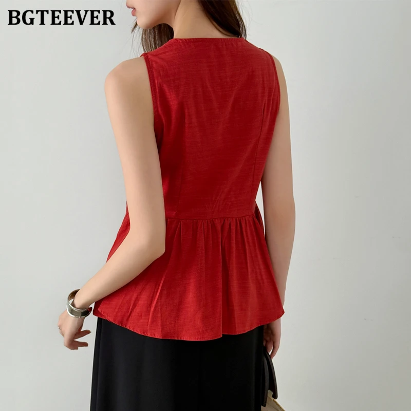 Bgteever verão elegante com decote em v cintura fina senhoras blusas camisas elegantes sem mangas pullovers coletes femininos topos