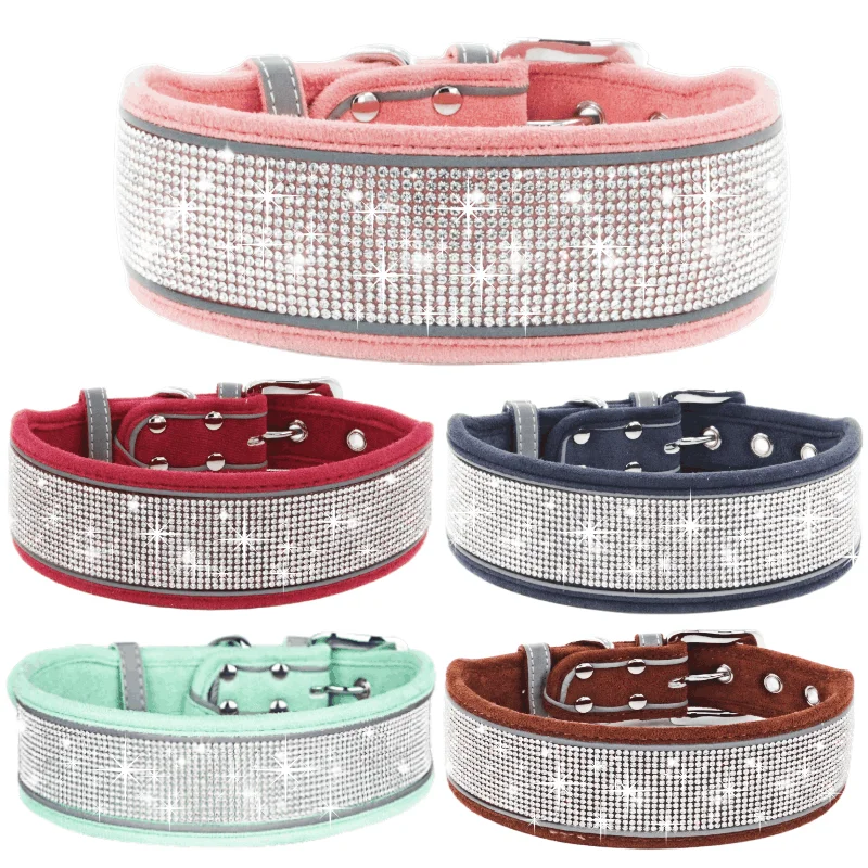 Bling Rhinestone Dog Collar Soft Comfortable Stylish Dog Collar with Bright Reflective Stripe Premium Adjustable Diamond Collar