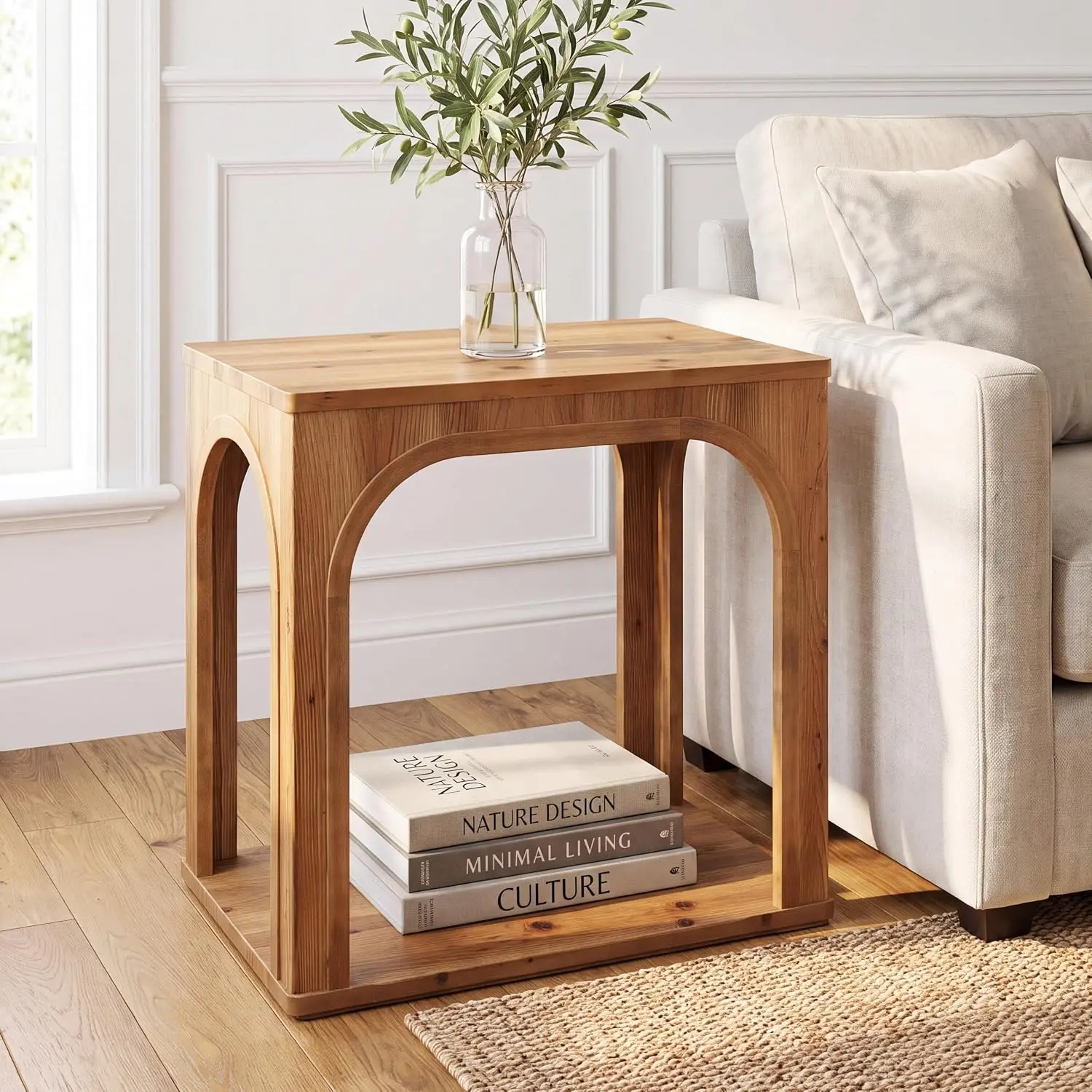 Arched 2-Tier Solid Wood End Table with Bottom Shelf for Living Room & Bedroom, Rustic Brown, Customized