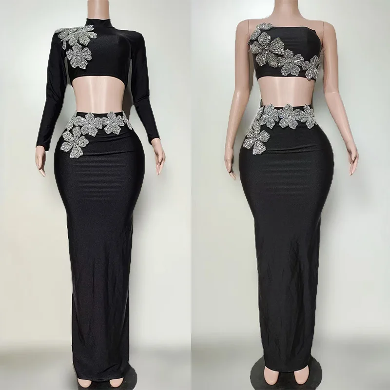 2025 novo vestido de festa sexy diamante preto split vestido boate bar dj trajes desempenho gogo dançarino cantor palco wear dn21886
