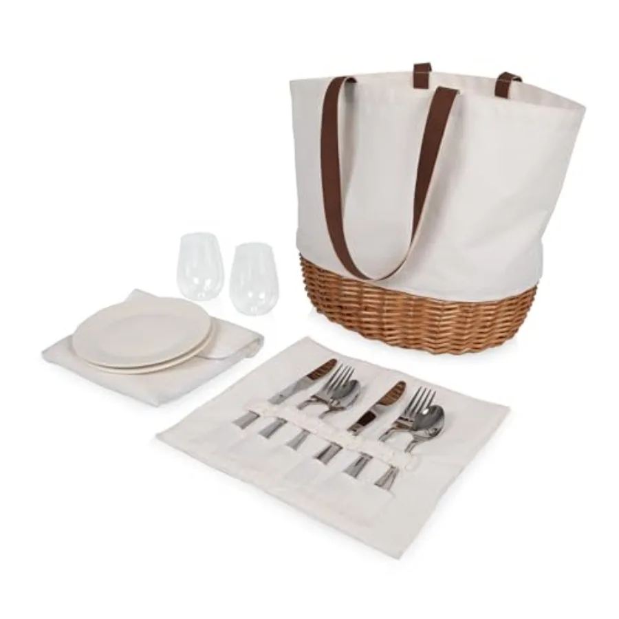 

Stylish Promenade Picnic Basket Set for Two with Handwoven Wicker Bottom and Leatherette Strap Durable Beige Canvas Tote Bag wi