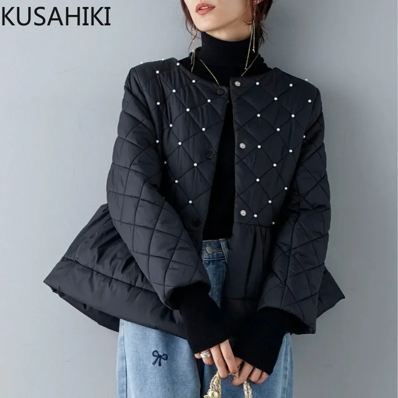 KUSAHIKI Beads Pearl Fashion Warm Parka Jacket Lightweight Korean Rounf Neck Sweet Chic Women Parkas Coat 2024 Winter New