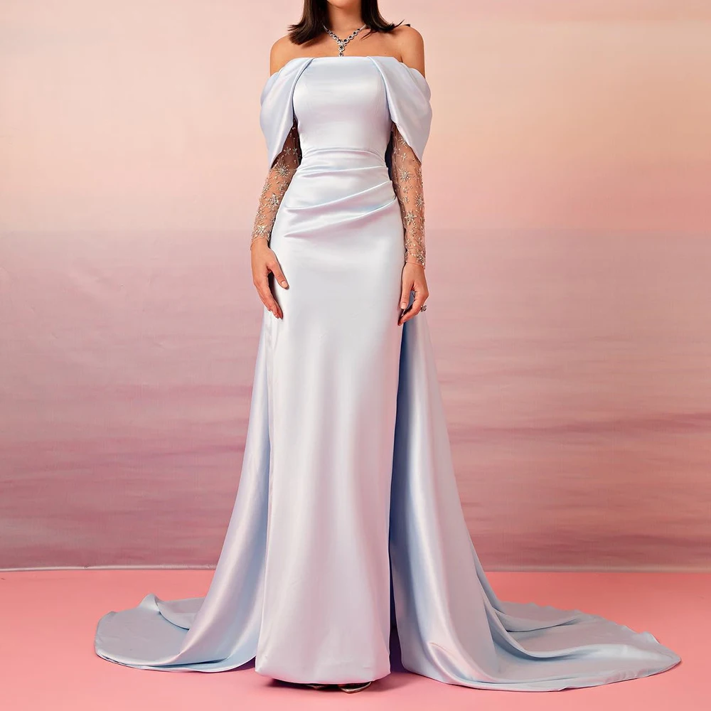 Customized Graceful Satin Straight Off the Shoulder Crystal Evening Dress Strapless Long Sleeves Floor Length Panel Train