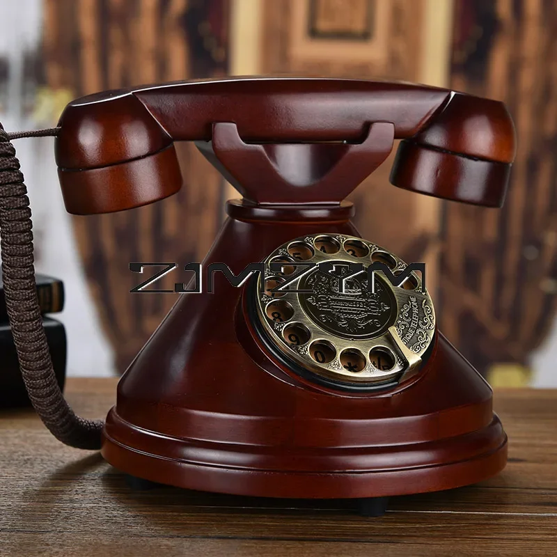 Solid Wood Retro Telephones Antique Caller ID Button Dial Fixed Telephone Decorative Landline Phone Home Office