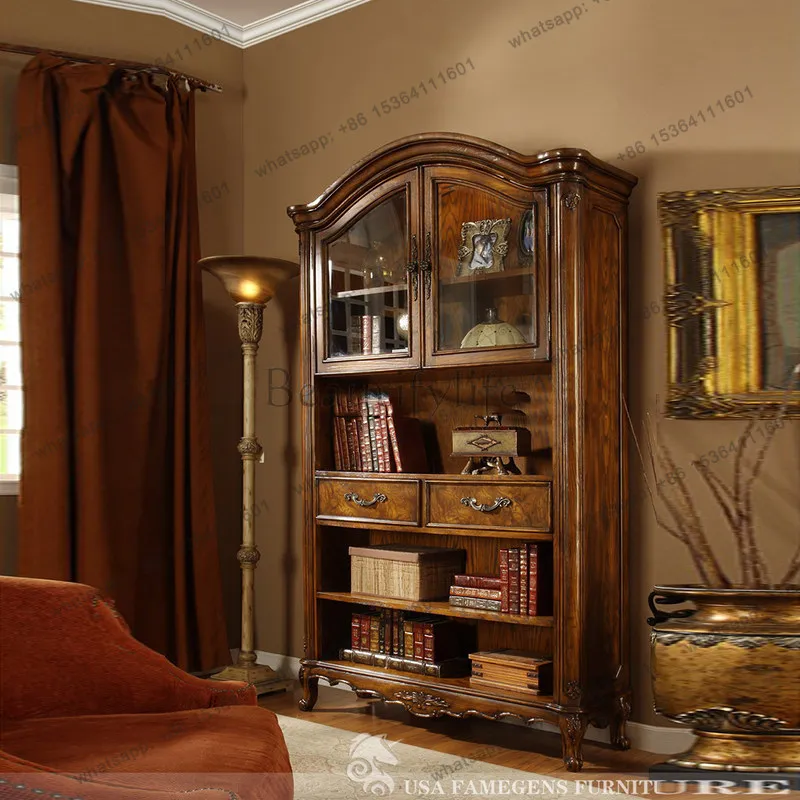 

European-style carved bookcase, decorative cabinet, home study, American-style old two-door office furniture customization
