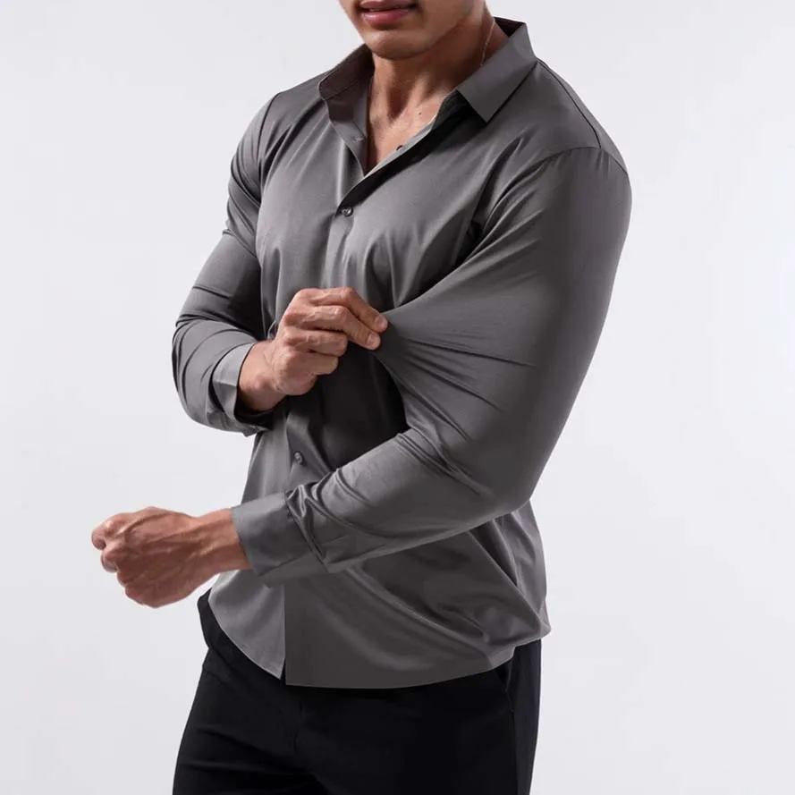 

Высокоэластичные рубашки, повседневные, без глажки, официальная мужская деловая однотонная рубашка с длинными рукавами, без морщин, всесезонный универсальный топ