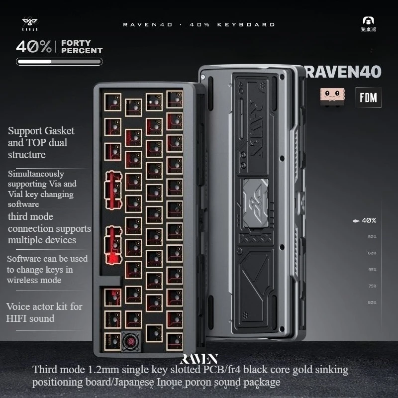 Raven 40% Layout Wireless Keyboard Kit Custom Third Mode Hot-swapping ARGB Gasket 3D Printed Keyboard Support VIA/VIAL Ergonomic
