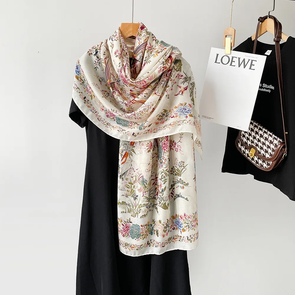 180x90cm Simple Elegance Floral Bird Print Silk Scarf Lyric Velvet Korean Style Countryside Flower Warm Sunscreen Large Shawl image 3