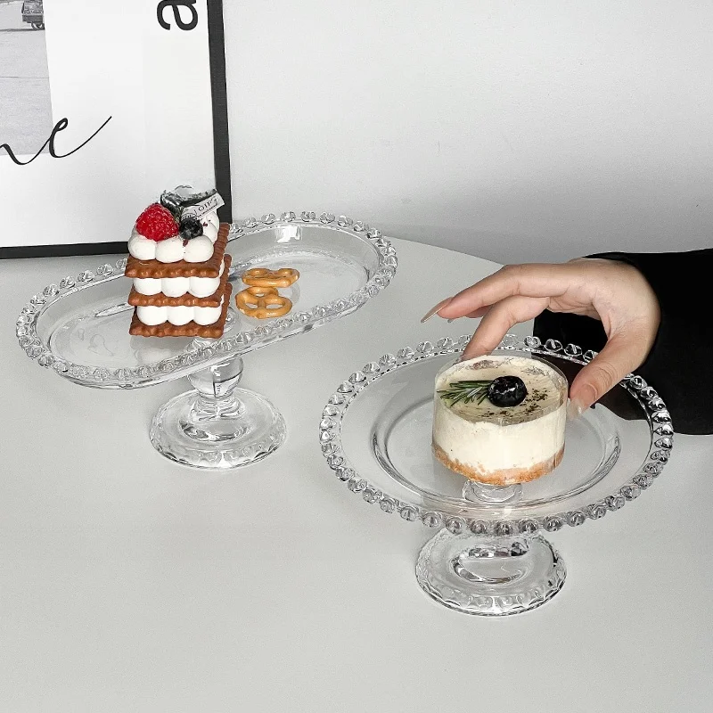 

Korean Sle Heart Glass Plate Transparent Fruit Dert Cake Salad Plate Home Use High Footed Series Dining Tableware
