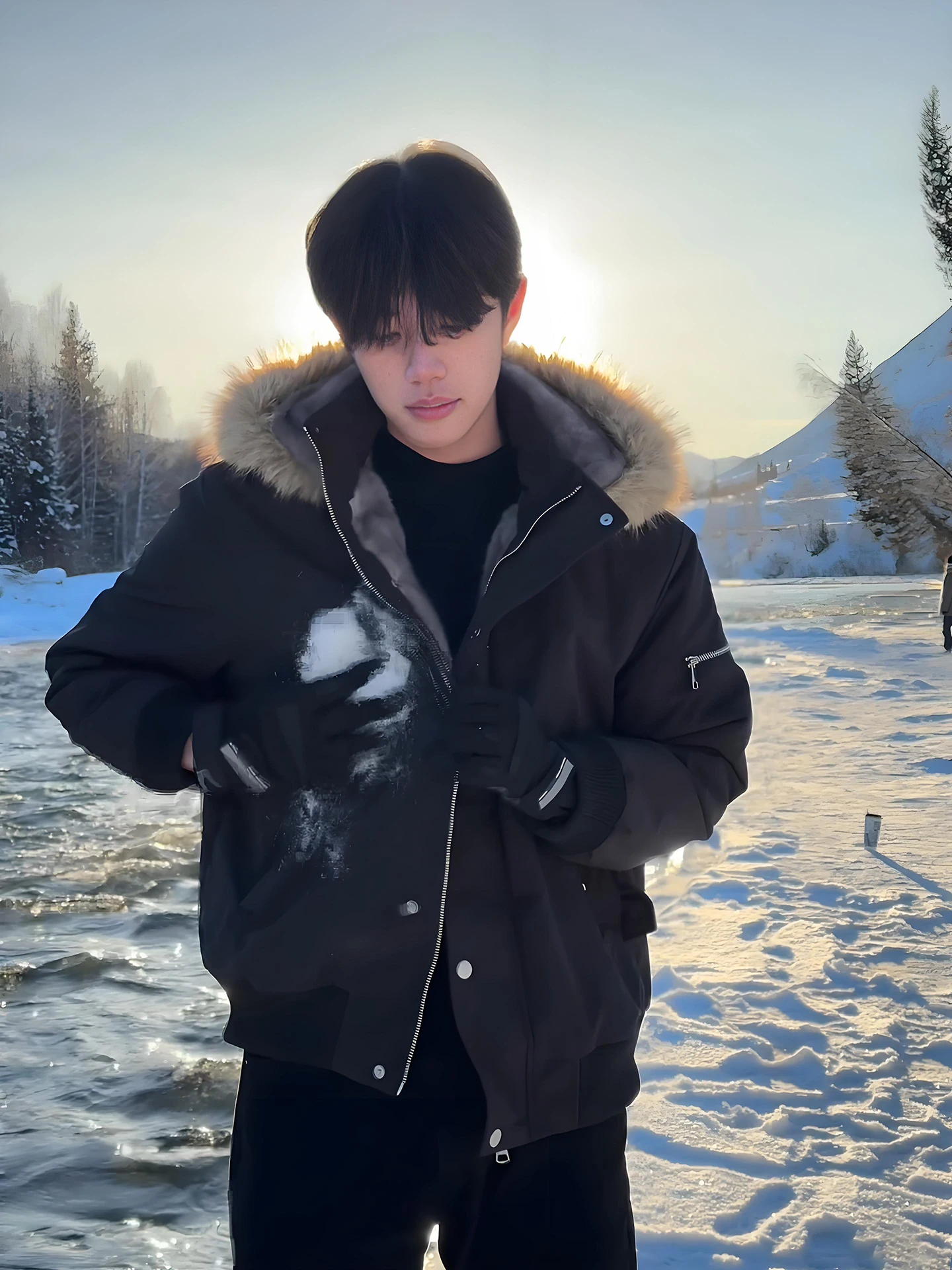 

Men's Winter Cotton Jaet Bla Mountain Eagle Large Fur Collar Fce Lined Tee-Proof Workwear Coat Warmth Tactical Coat