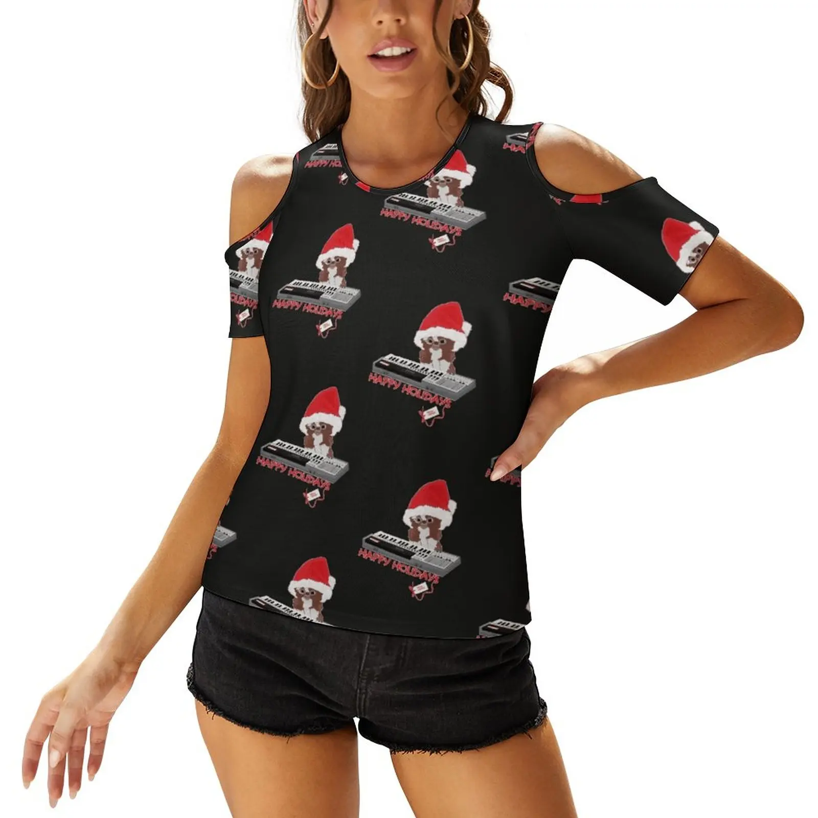 Gizmo Print O-Neck Off-The-Shoulder Top Short-Sleeved T-Shirt Ladies Streetwear Gizmo Gremlins Horror Christmas Film Joe Dante