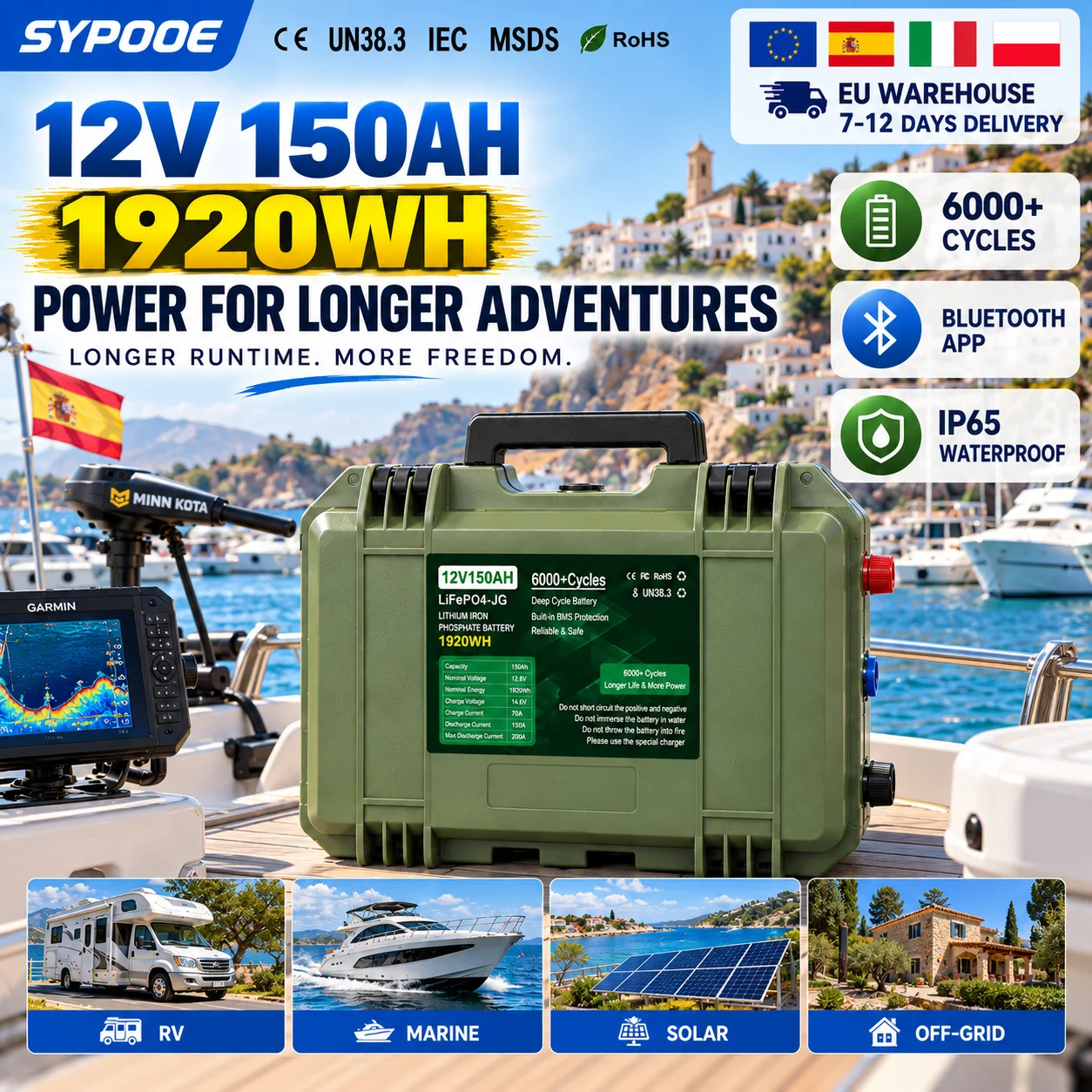 LiFePO4-Batterie 12V 150Ah 50Ah 100Ah 200Ah IP65 Bluetooth BMS Tragbarer Angelboot-Außenbordmotor 24V Lithium-Batterie