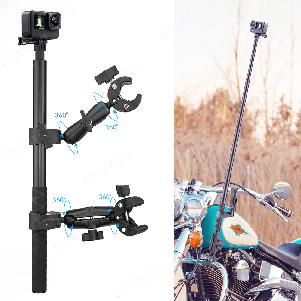 Motorcycle Bicycle Double Clip Bracket For Insta360 X3 X4 GoPro 13 12 11 10 DJI SJCAM Selfie Stick Monopod Mount Handlebar Stand