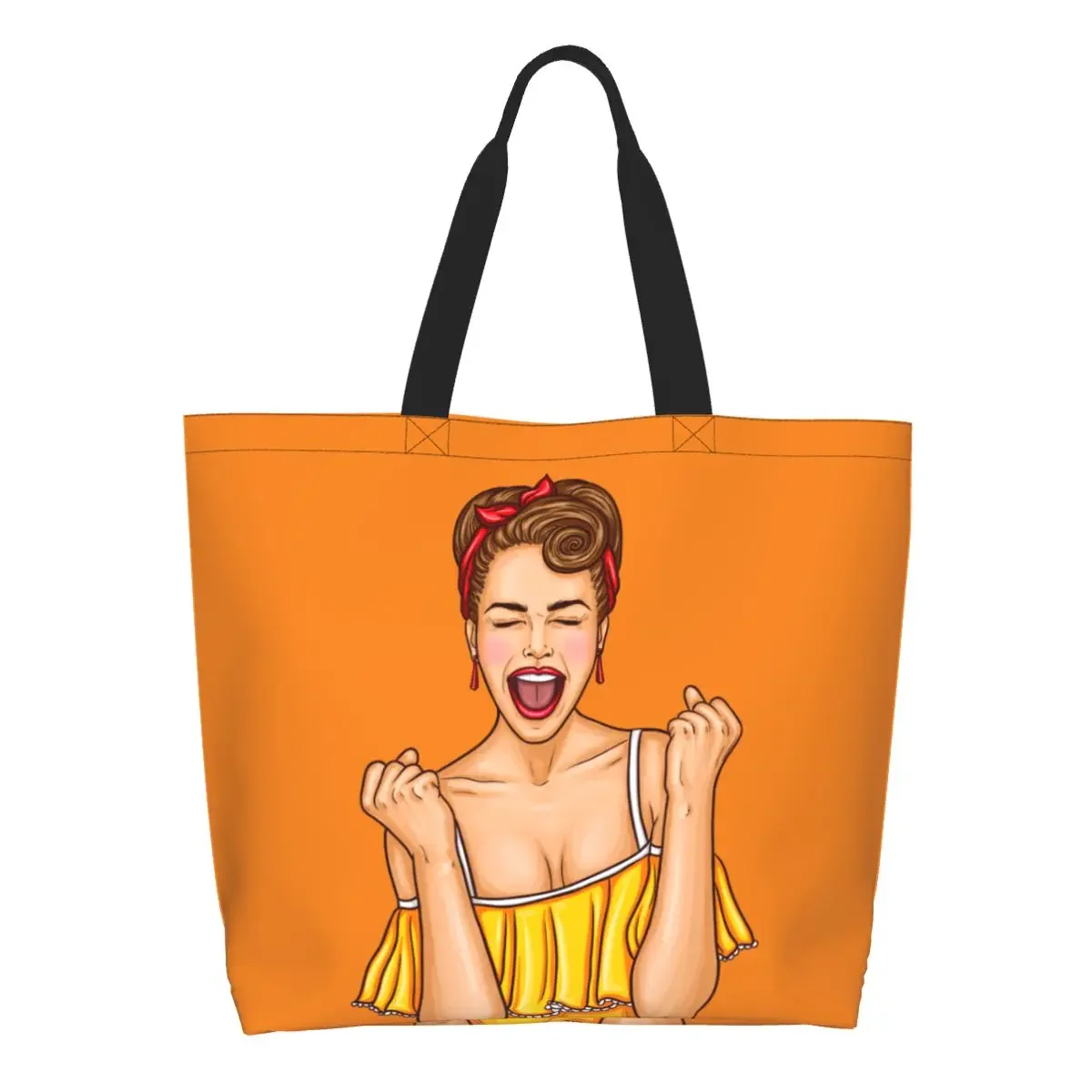 Fashion Pop Art Sexy Excited Woman Shopping Tote Bag Recycling Cartoon Elegant Girl Lady Grocery Canvas Shoulder Shopper Bag