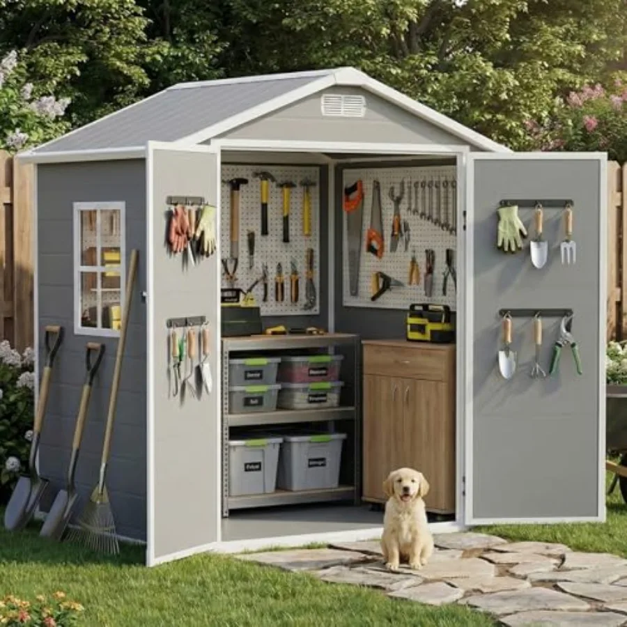 Outdoor storage shed for backyard use, made of all-weather waterproof resin, gray color, features window, floor, lockable door,
