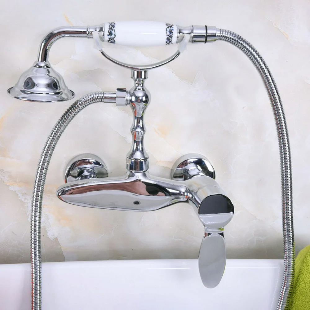 

Contemporary Chrome Brass Wall Mounted Bathroom Shower Faucet Set with 150CM Hose Handheld Spray Head Mixer Tap Dna180