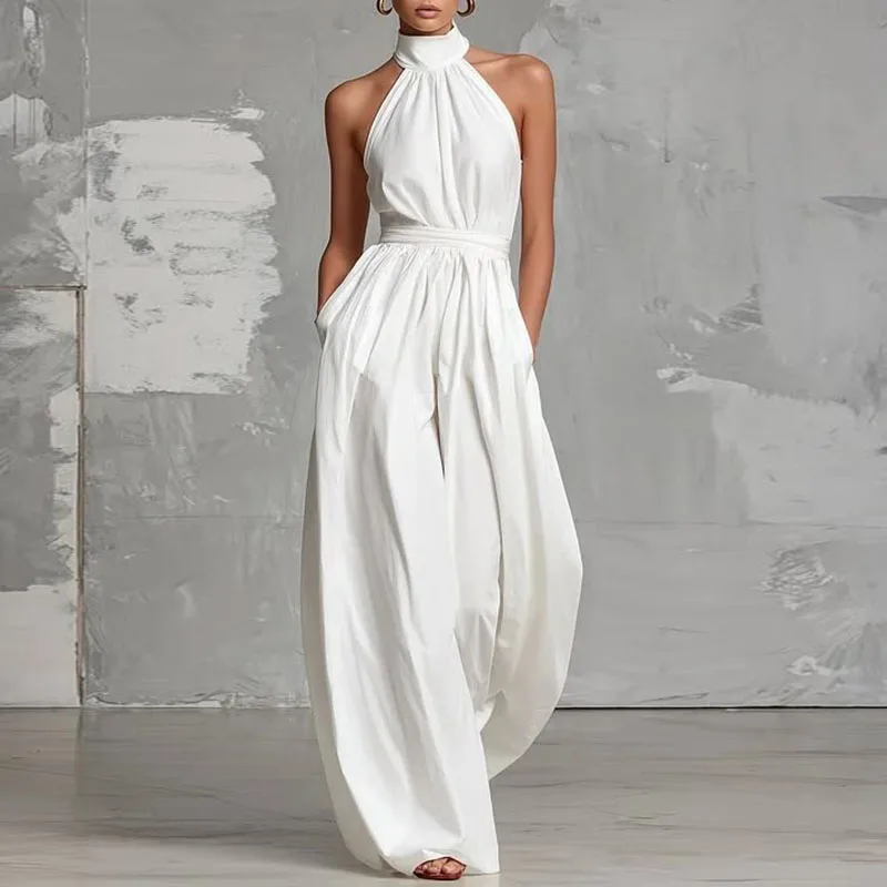 Women Sexy Halter Off Shoulder Jumpsuit 2026 Spring Solid High Waist Straight Rompers Summer Backless Sleeveless Hollow Overalls