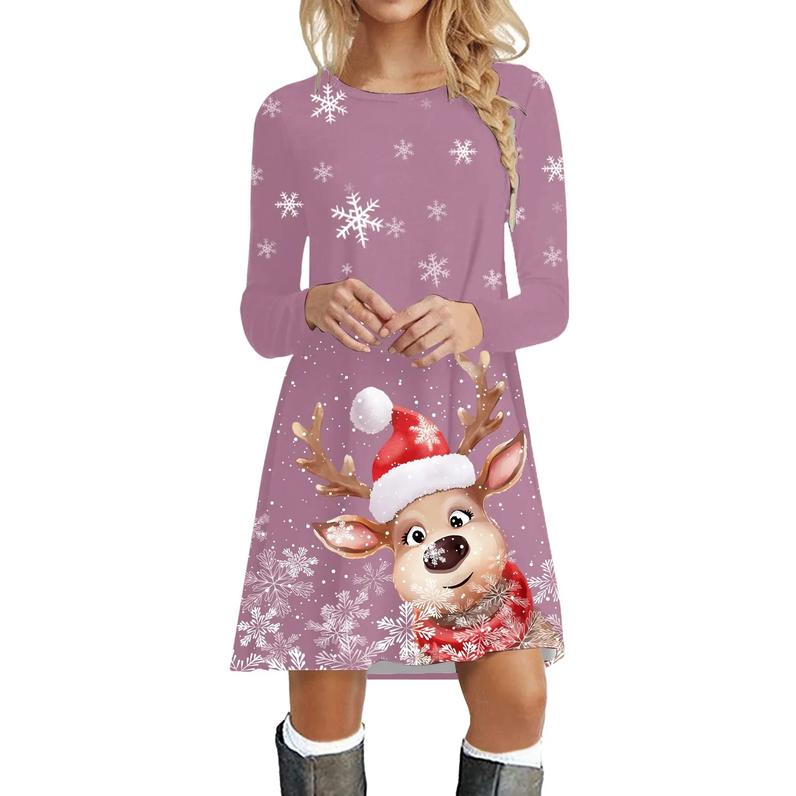 

Christmas 3D Deer Print Tie Dyed Snowflakes Women Fashion Dresses Autumn Winter Long Sleeve Christmas Party Ladies Mini Dress