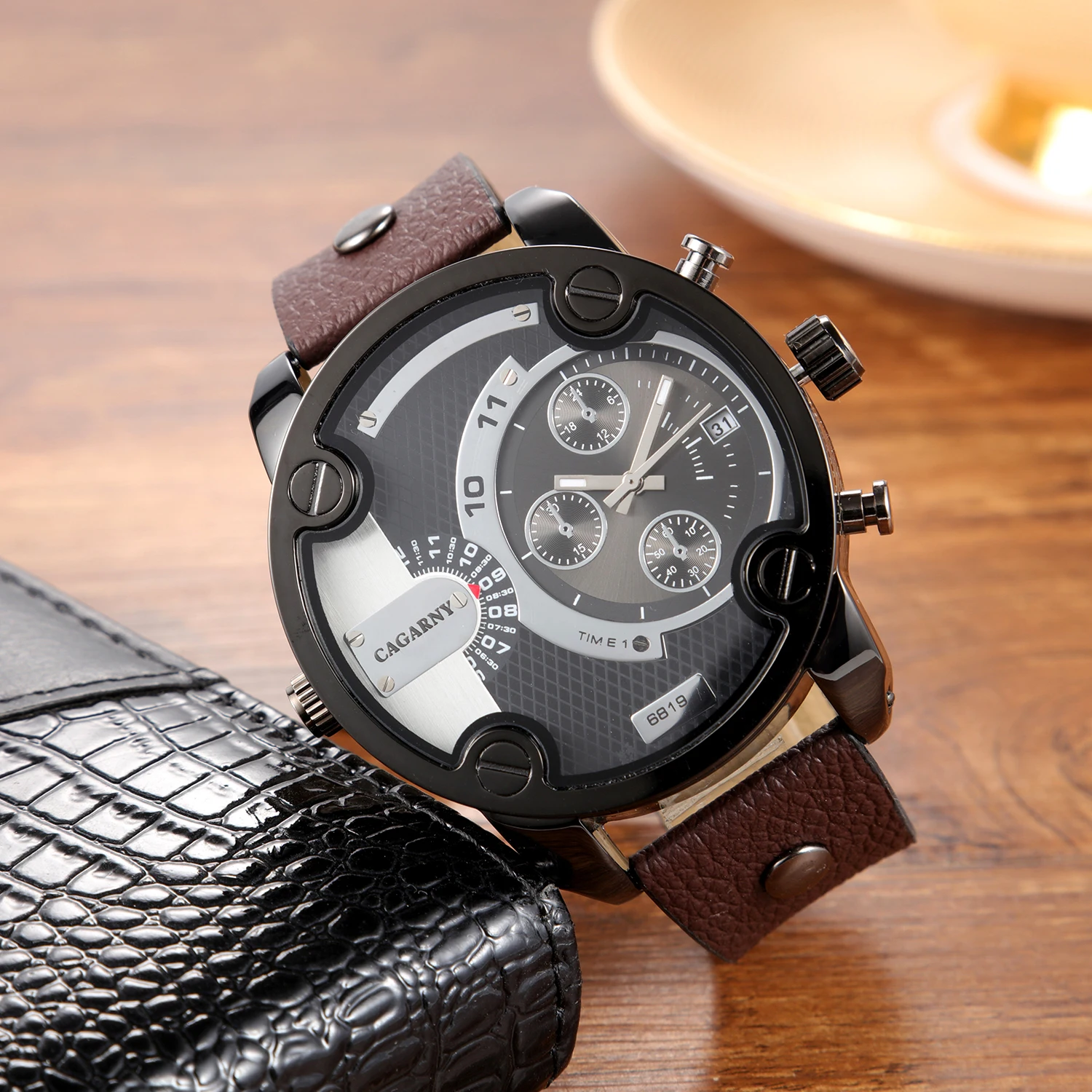 CAGARNY Brand 6819 Classic Large dial Man Watches Quartz Leather Men Wristwatch Date Waterproof Fashion Casual Watches For Male