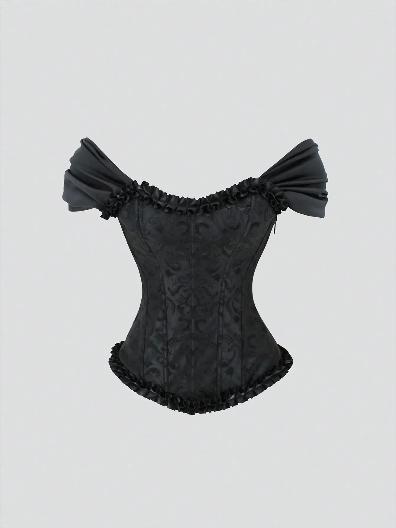 

Sweetra Women Frill Trim Lace Up Back Corset Top, Body Shape Bustier Vintage Jacquard Top,Ladies Casual Asymmetrical,Frill,Lace Up Raglan Sleeve Off The Shoulder Slim Fit Black Plain Women Tops,Spring/Summer,Casual Daily Wear
