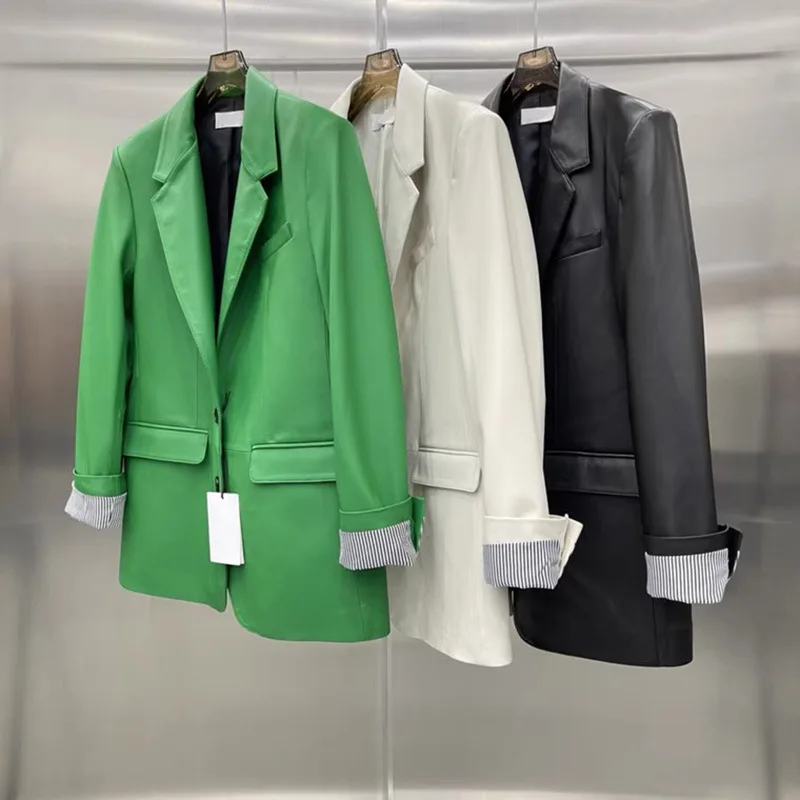 Chaqueta elegante de piel de oveja auténtica para mujer, blazer holgado de un solo pecho con solapa, color verde/blanco, prendas de vestir