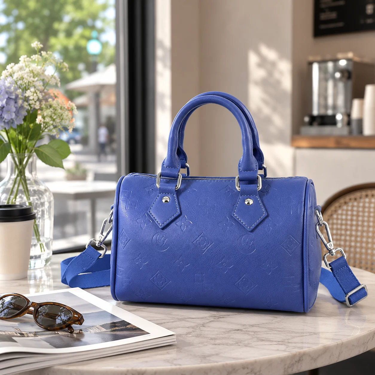 Blue Mini Boston Handbag for Women PU Leather Embossed Print Top-handle Bag Removable Wide Strap Crossbody Purse Daily Use