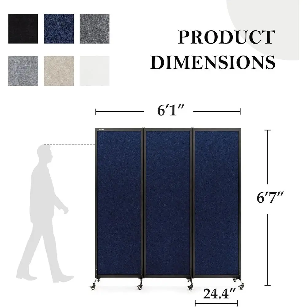 6' x 6'7 Tall 3-Panel Blue Rolling Room Divider with Wheels for Office and Classroom Privacy