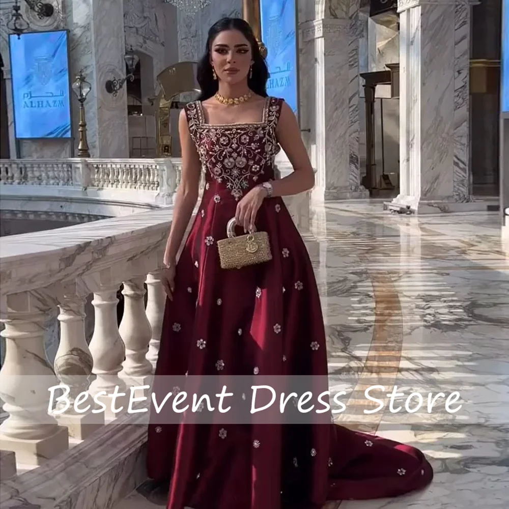 Custom Made Graceful Red Square Collar A-line Evening Party Dress Beading A-line Floor Length Bridal Prom Party Dress with Train